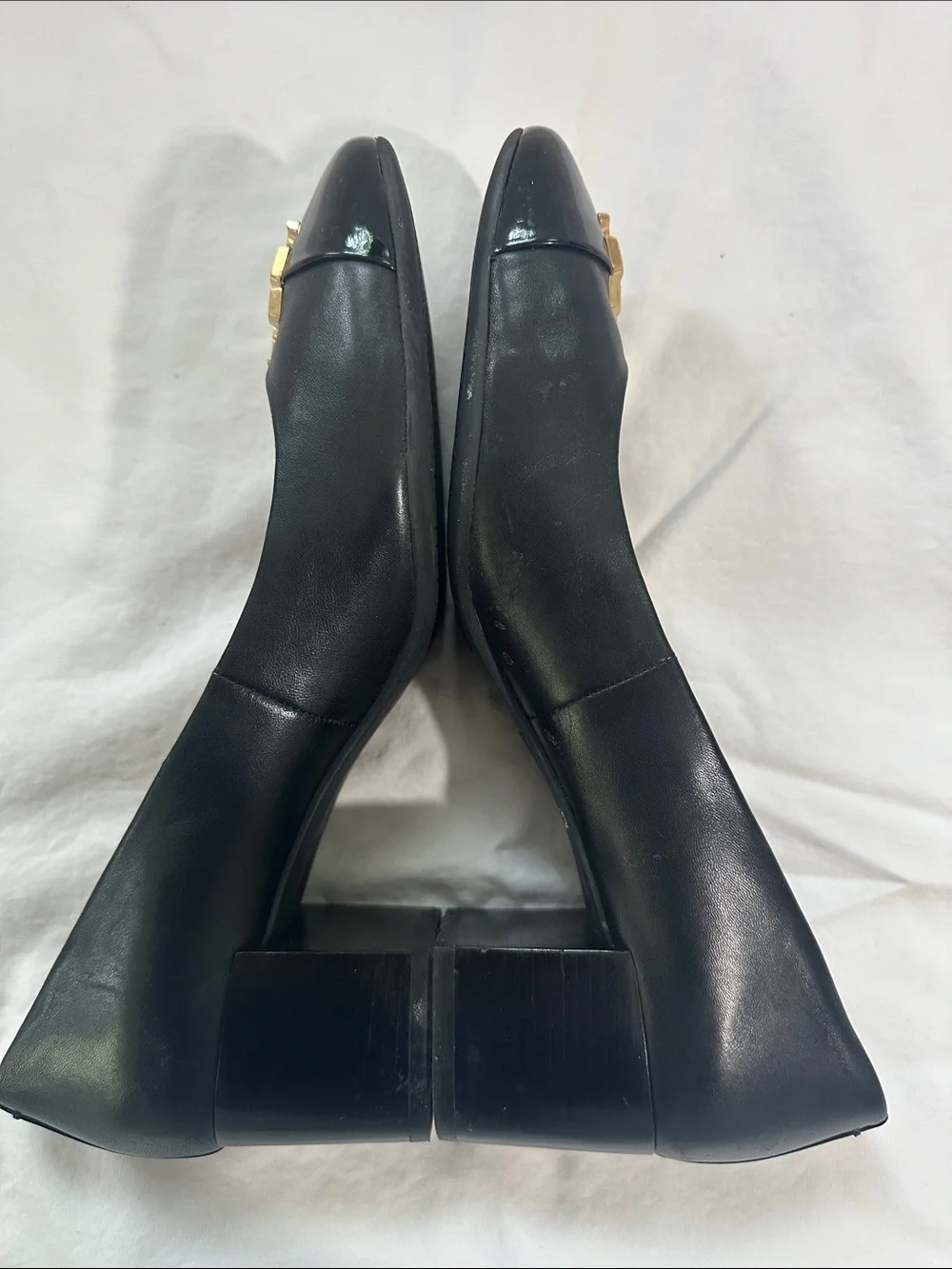 Tory Burch Everly Black Leather Low Block Heel Pumps with Gold Logo Size 8.5